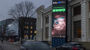 A screen near the Energy Museum and Mindaugas Bridge indicates that on February 8 the Baltic States will disconnect from the Russian electricity grid to synchronise with Continental Europe, in Vilnius, Lithuania