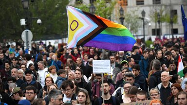 Protesters gather in front of the Office of the Hungarian President in Budapest, Hungary, on April 15. The protests erupt after the parliament passes legislation restricting the right to assembly, banning Pride Marches. 